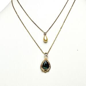 Lot 2 Teardrop Pendant Necklaces White Faux Pearl Blue Green Foil Gold Tone